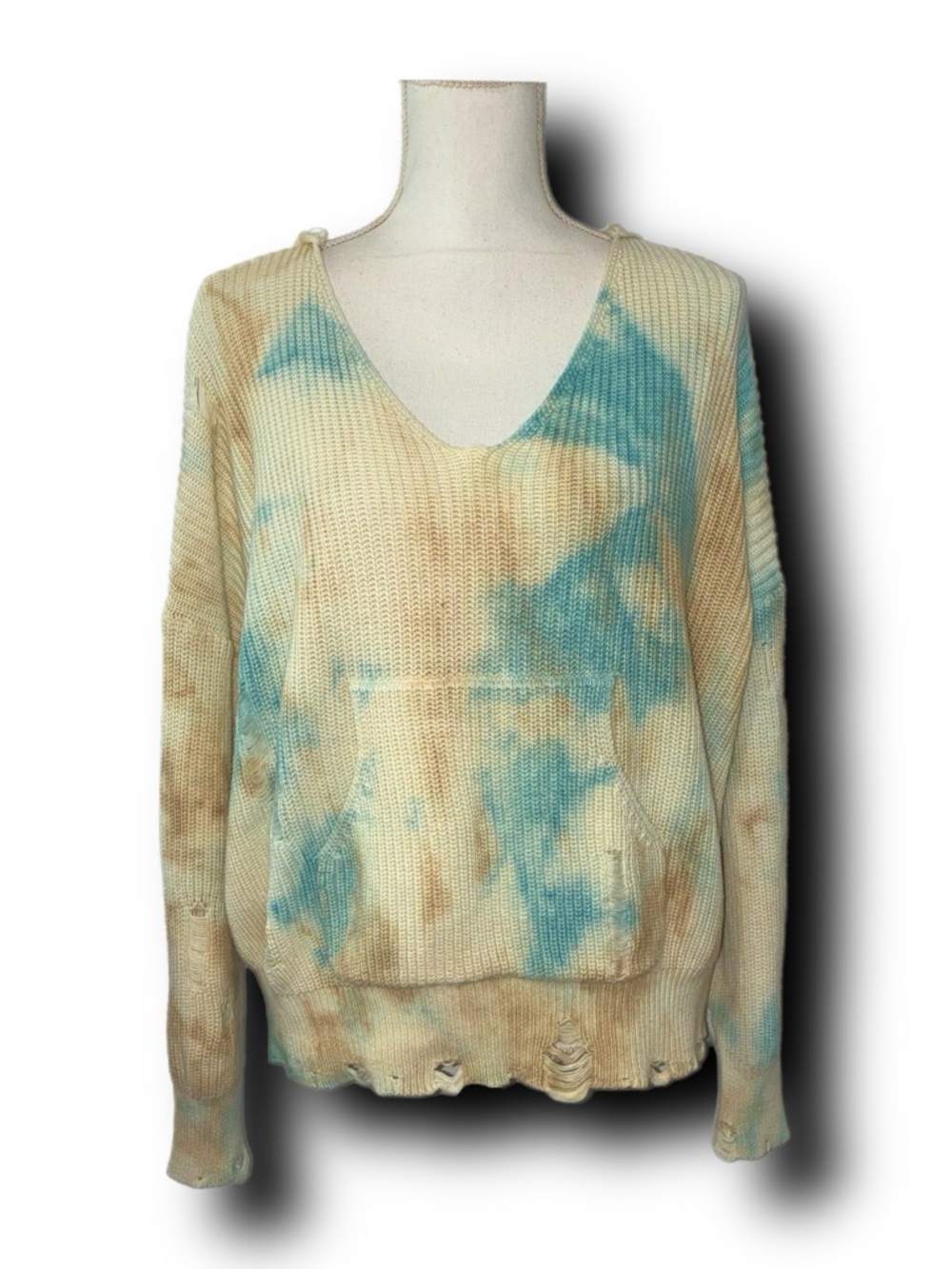 JS71 Distressed Tie-Dye Hooded Sweater in Cream & Blue 100% Cotton Beach Grunge